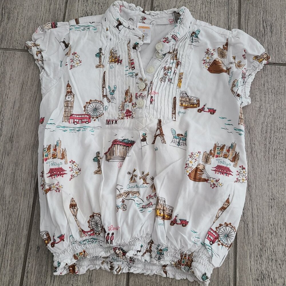 Gymboree travel print blouse white girls size 6